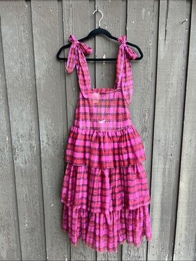 Urban Outfitters Pink Plaid Tiered Dress with Tie Straps
